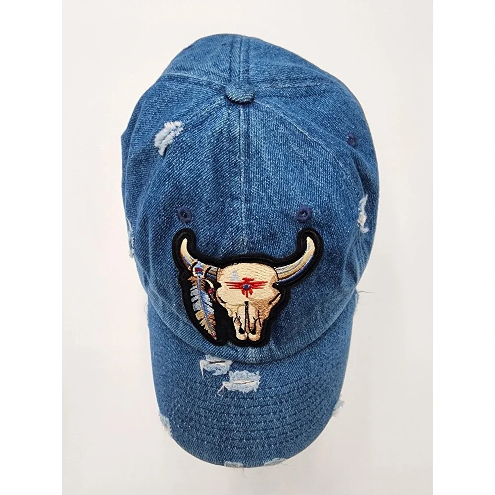 KB ETHOS VINTAGE DENIM DISTRESSED TRUCKER BASEBALL HAT CAP BULL SKULL PATCH